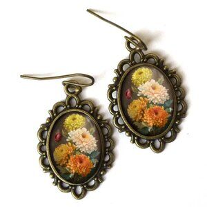 Reversed Decoupage Glass Cabochon Chrysanthemum Flowers Oval Autumn Earrings